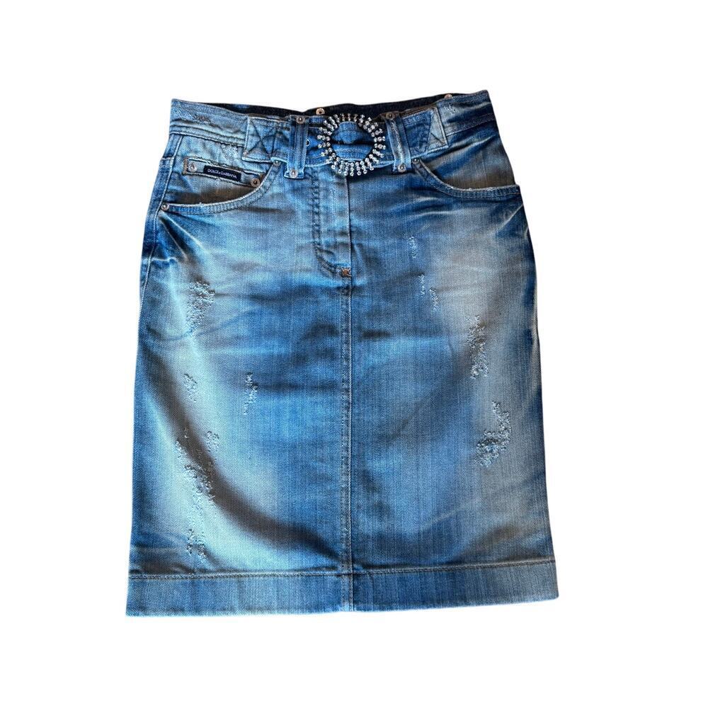 Dolce‎ & Gabbana Rhinestone Embellished Buckle Denim Pencil Skirt IT 36 US 0